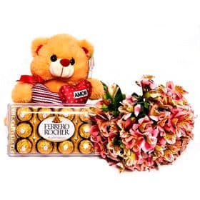 Buquê Astromelias Rosas, Chocolate e Urso